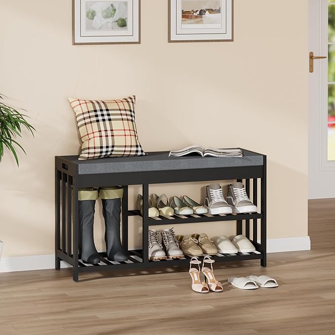 Shoe Rack Bench with Cushion, 2 Tiers Shoe Bench with Flip-Top Storage - Image 3