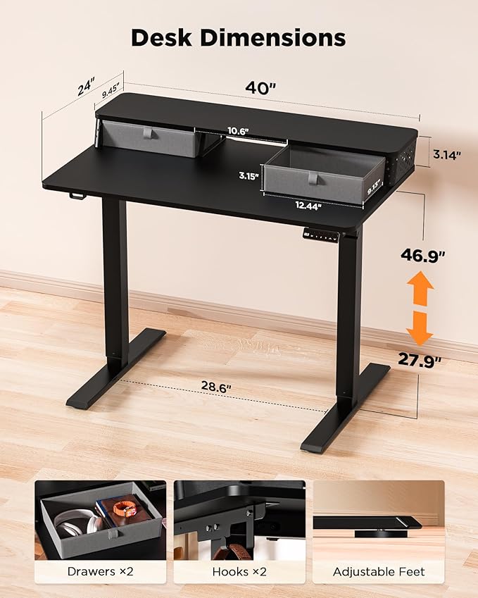 40x24 Inch Standing Desk with Double Drawers, C-Clamp Mount Compatible - Image 3