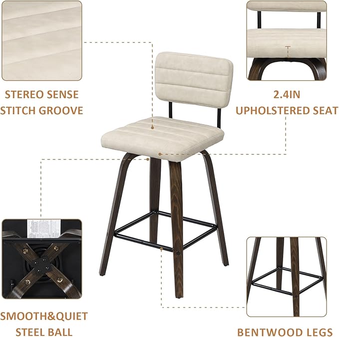 Swivel Bar Stools Set of 2, Counter Height, Wooden Frame, PU Leather Cushions - Image 4