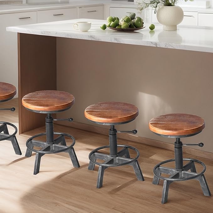 Set of 2-Industrial Bar Stool-Counter Height Chairs- Swivel Wooden Seat- - Image 7