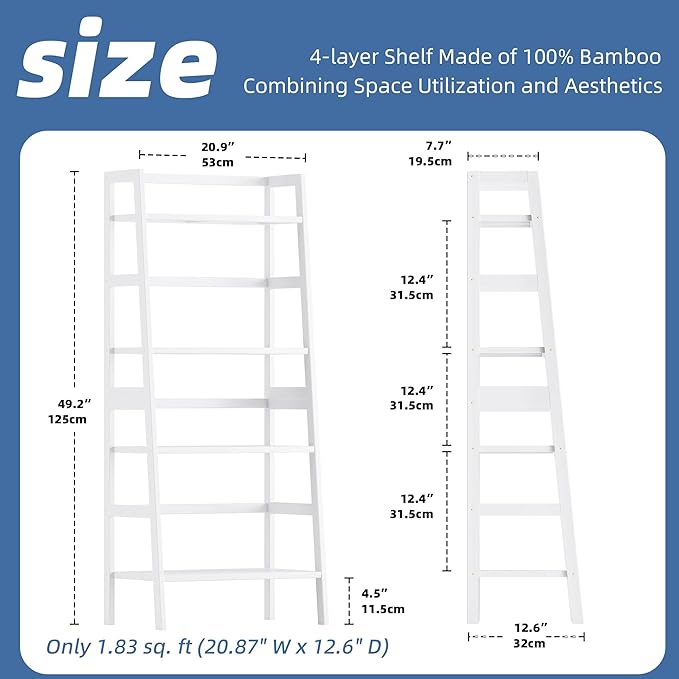 HITNET White Ladder Bookshelf, Leaning Bookcase, 4-Tier Bamboo Shelf, Floor - Image 3