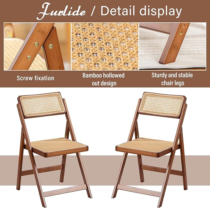 Rattan Folding Chairs, Modern Mid Century Dining Chairs Set of 2, Outdoor - Image 4