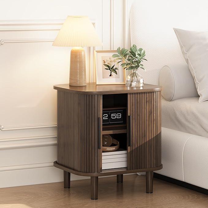 Fluted End Table with Sliding Tambour Door, Mid-Century Modern Bedside Table - Image 5