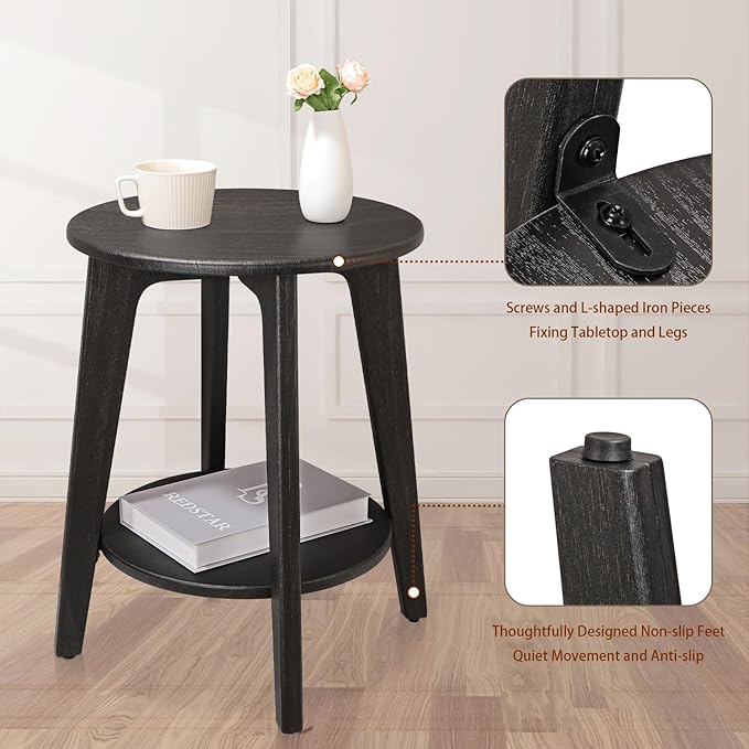 Round Side Table Black Gold Wooden End Table - Image 5