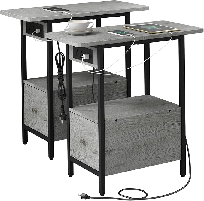 LIDYUK End Table with Charging Station, Narrow Side Table with Drawer and USB by LIDYUK