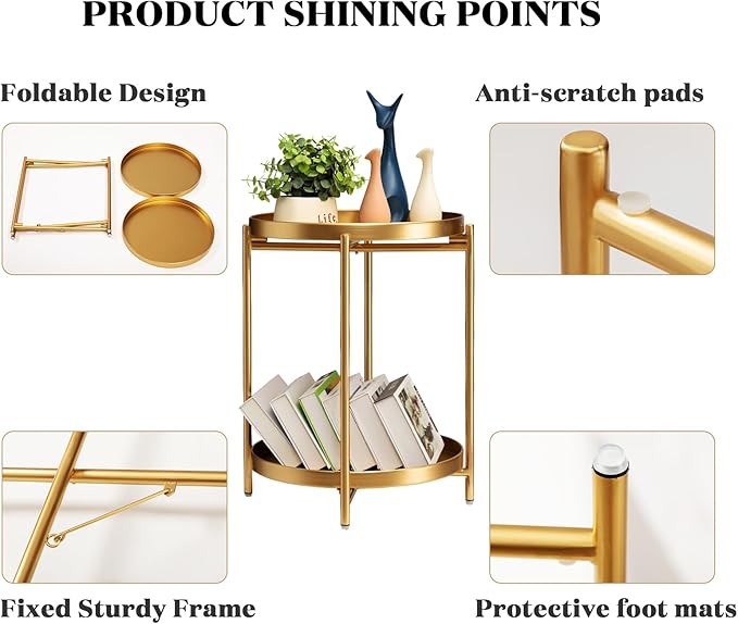 TeoKJ 2 Tier Round Side Table, Folding Metal Small Bedside Nightstand for - Image 4