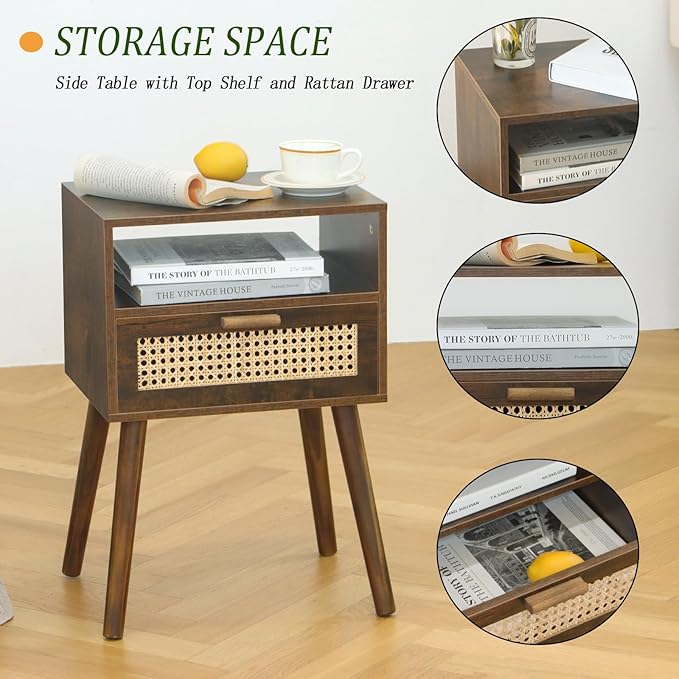 MaxSmeo Small Nightstand with Charging Station, Rattan Side Table Mid Century - Image 5