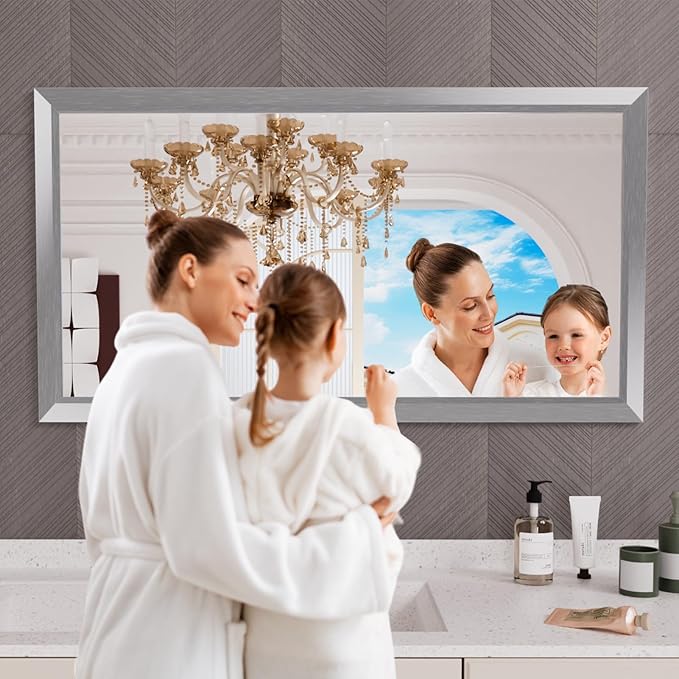Amorho 50 X30 Inch Bathroom Mirror Silver, Thick Metal Framed Wall Mirrors - Image 6