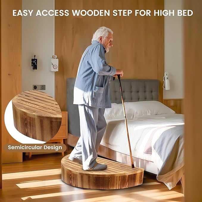Solid Wooden One Step Stool, 5.2" High Semicircular Wood Bed Step - Image 5