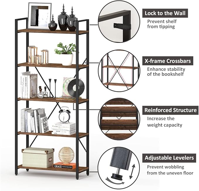 BON AUGURE Industrial Bookshelf, Etagere Bookcases and Book Shelves 5 Tier - Image 3