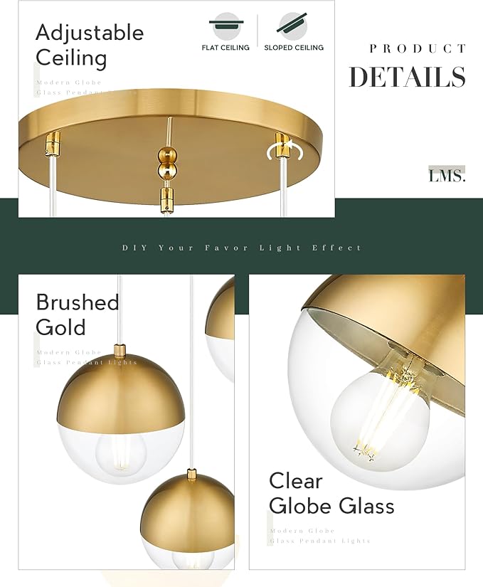 LMS Brushed Gold 3-Light Cluster Pendant Lights, Modern Dining Room Light - Image 3