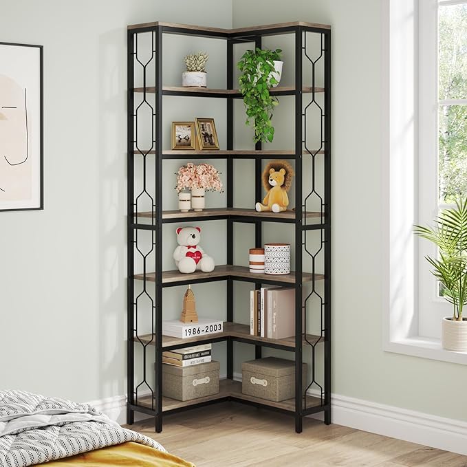 Tribesigns Corner Shelf, 7-Tier Industrial Corner Bookshelf, Wood and Metal - Image 5