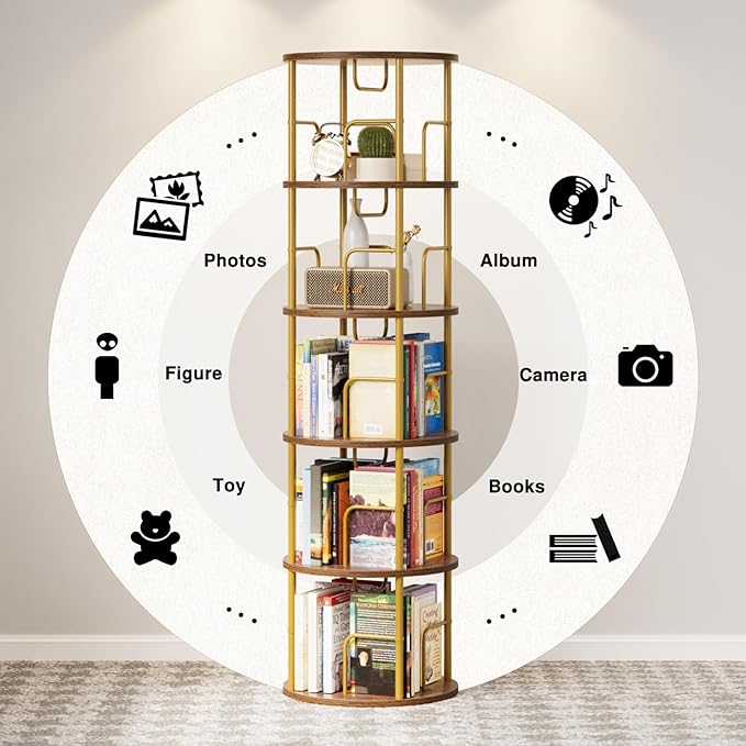 5 Tier Rotating Bookshelf, 360 Display Spinning Corner Bookshelf, Space-Saving - Image 4