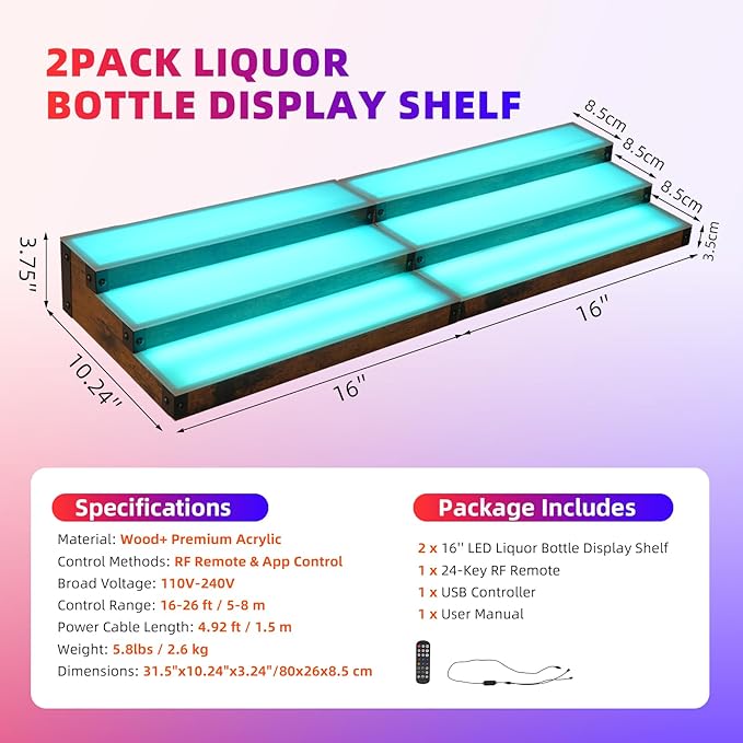 2 Pack 16 Inch LED Lighted Liquor Bottle Display Shelf, 3 Tier LED Bar Shelves - Image 2