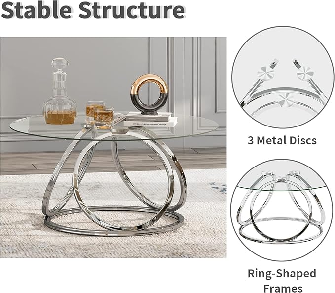 O&K FURNITURE Silver Coffee Table, Modern Glass Coffee Table Living Room Table - Image 5