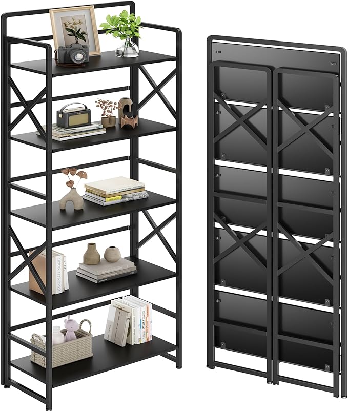 No Assembly Folding Bookshelf, 5 Tiers Vintage Wood Collapsible Book Shelf by THKKYHomeOfficeFurniture