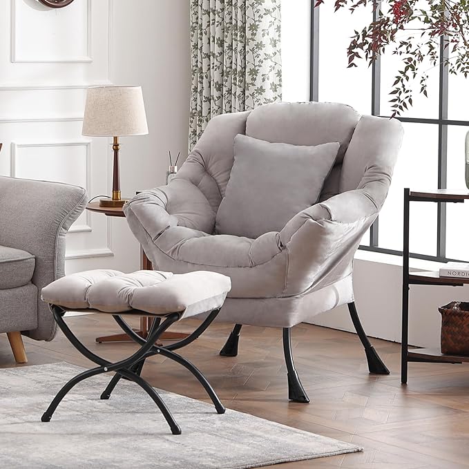 Large Lazy Chair with Ottoman, Accent Reading Chair with a Soft Grey Throw - Image 5