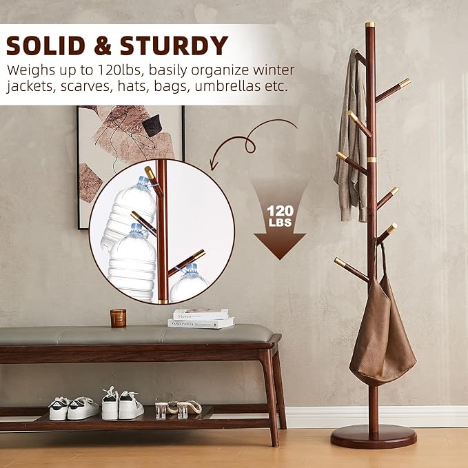 Uniclinens Coat Rack Freestanding Solid Wood Coat Tree Standing - Image 3