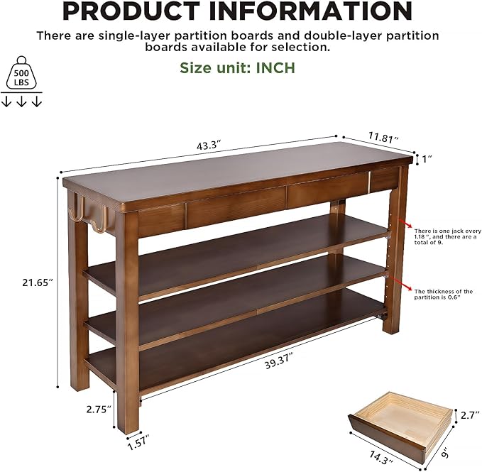 Wood Shoe Bench Entryway with Drawer: 3-Tiers Wooden Storage Shoe Rack with - Image 2