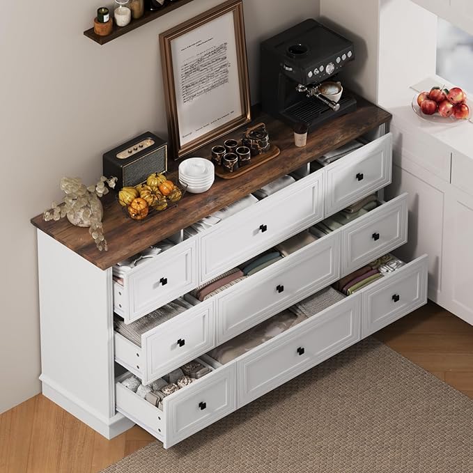 57" Wooden Dresser with 9 Drawers, Modern Farmhouse Furniture Organizer - Image 2