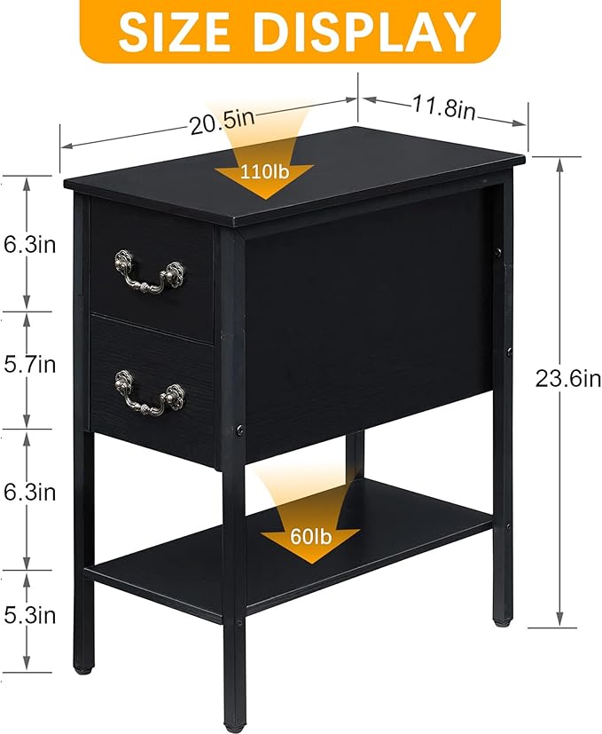 VECELO End Tables, Narrow Nightstand - Image 2