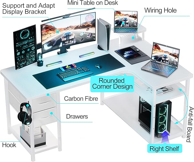 GTRACING Gaming Desk with Drawers, Carbon Fiber Style L Shaped Computer Desk - Image 4
