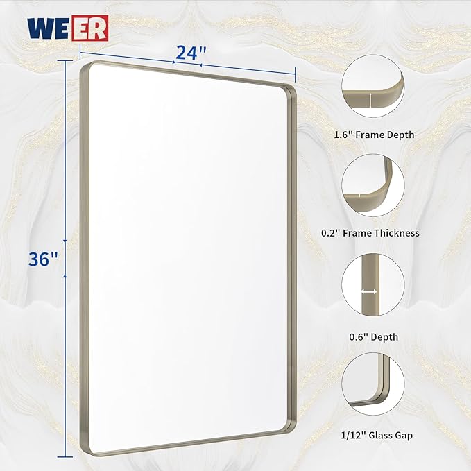 WEER 24X36 Inch Brushed Nickel Bathroom Mirror, Brushed Silver Metal Frame - Image 6