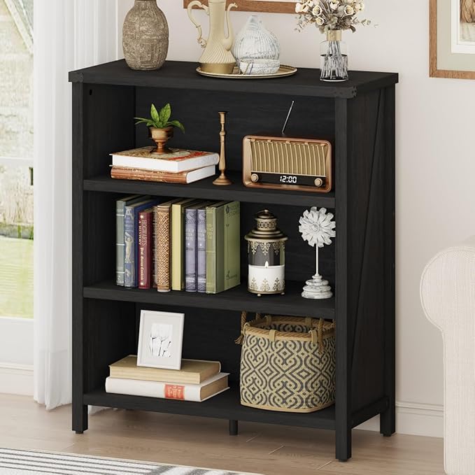 BON AUGURE Small Bookshelf, 3 Tier Black Book Shelf, Farmhouse Storage Bookcase by BONAUGURE