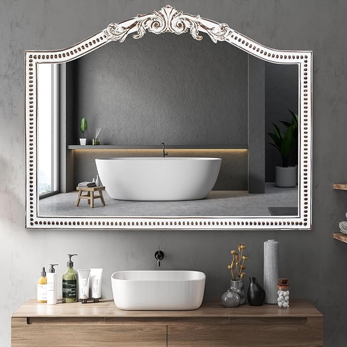 32x42 Inch Ornate Wooden Arched Wall Mirror, Rustic Farmhouse Decorative Wide - Image 6