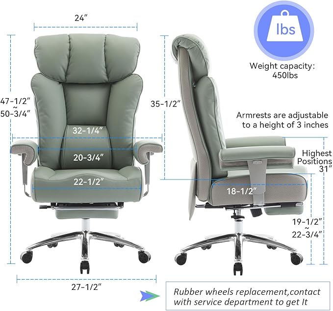 Efomao Big and Tall Green Office Chair 450LBS – Ergonomic High-Back Executive - Image 3