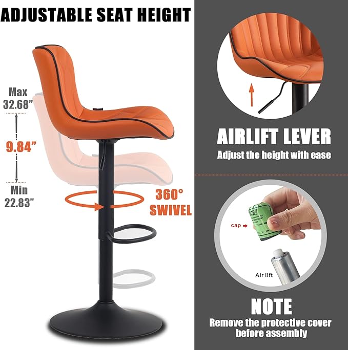 YOUNIKE Orange Bar Stools Set of 6 Modern Swivel Counter Height Bar Chair - Image 6