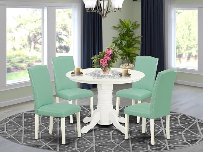 East West Furniture SHEN5-LWH-57 5 Piece Dining Set Includes a Round Dining - Image 7