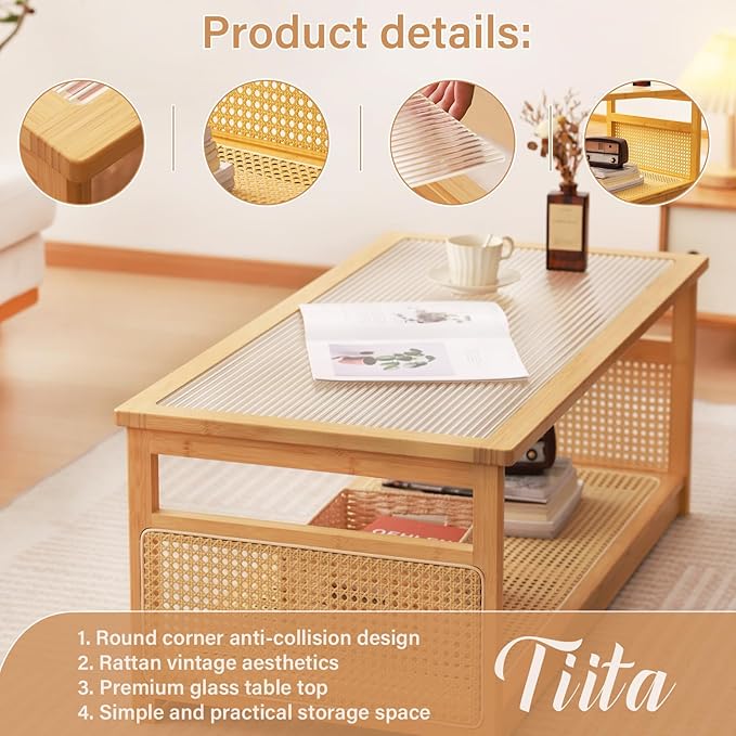 Tiita Coffee Tables for Living Room，Mid Century Modern Storage 2-Tier Coffee - Image 4