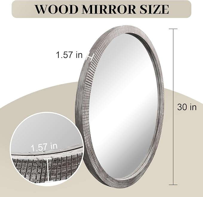 30" Round Wood Mirror, Large Round Mirror - Image 3