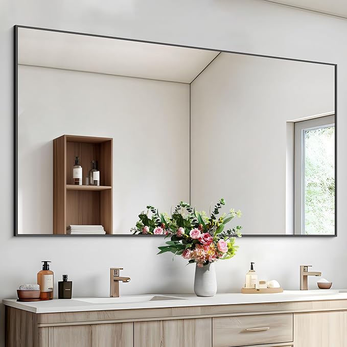 Black Bathroom Mirror for Wall, 55x30 Inch Rectangle Mirrors by Welcometocofeny