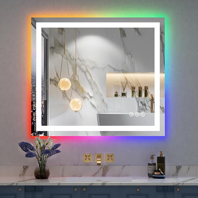 32x36 Inch RGB LED Bathroom Mirror Front Light and RGB Backlit Lighted Vanity by YEELAIT