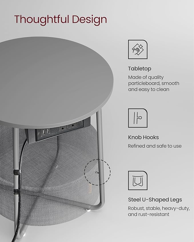 VASAGLE Side Table with Charging Station, Round End Table with Fabric Basket - Image 6