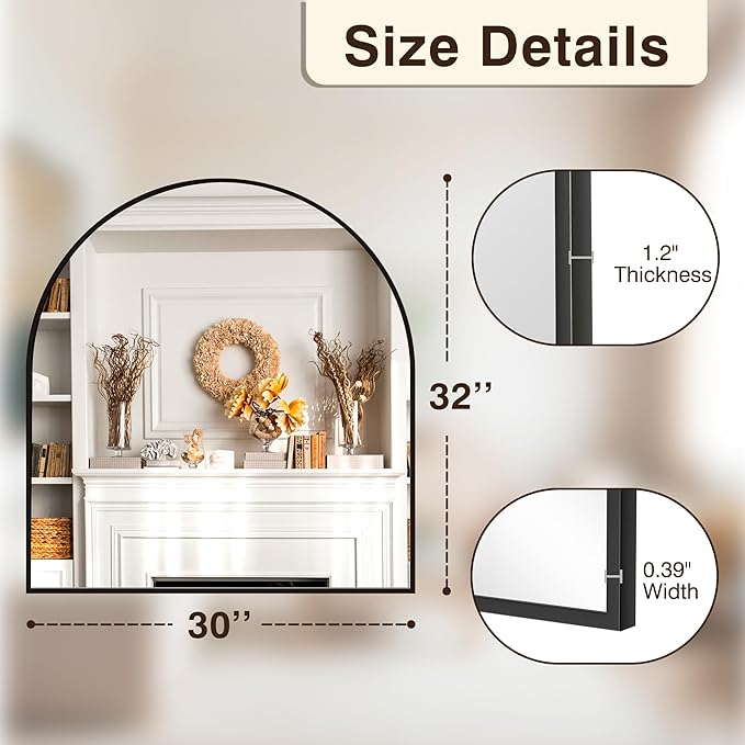 FICTOR Bathroom Vanity Mirror for Wall, 32”x30” Arched Metal Framed Bathroom - Image 2