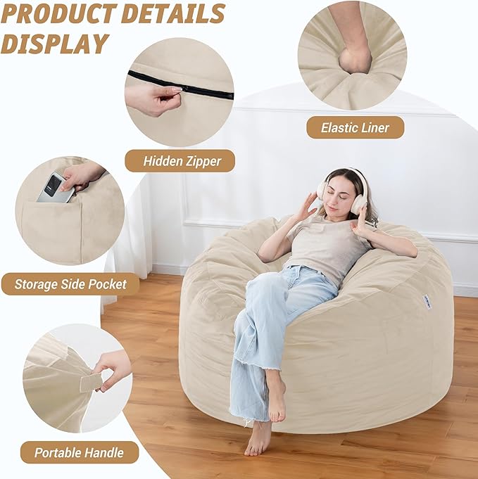 4FT Bean Bag Chair with Ultra Soft Velvet Cover Bean Bag Sofa with Memory Foam - Image 4