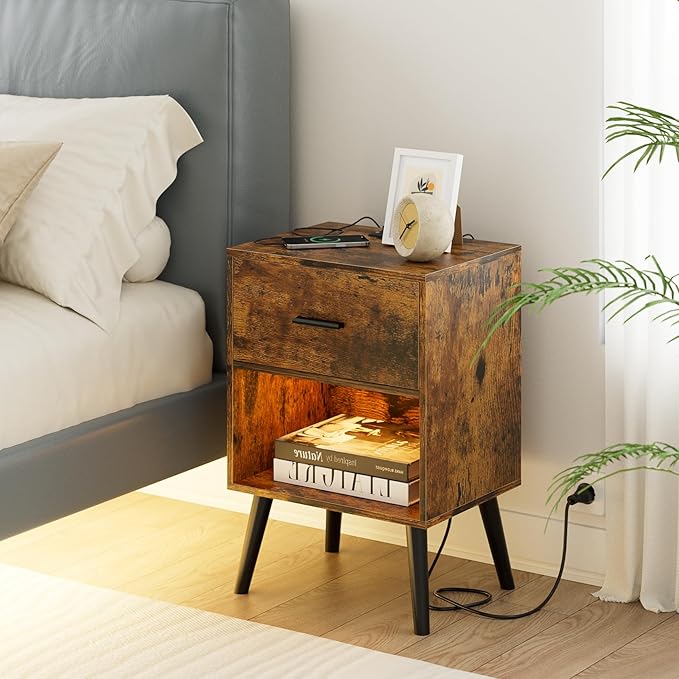 Nightstand with Charging Station and LED Lights, Small Side Table, Bedside - Image 6