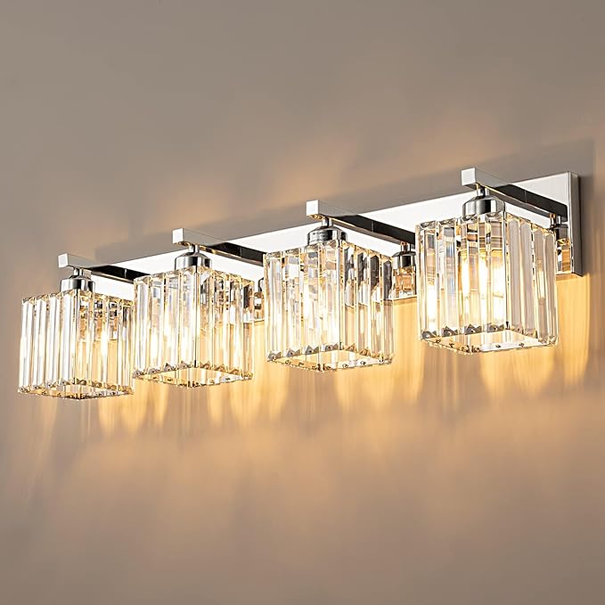 Modern 4-Light Chrome Crystal Bathroom Vanity Light Fixtures by FDPBY
