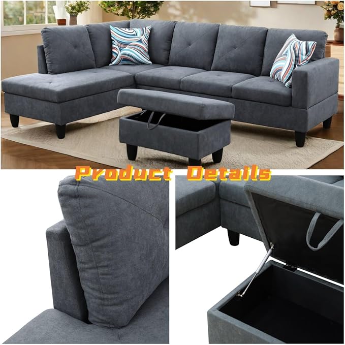 L Shaped Sectional Couch with Otttoman, Apartments, Dark Grey - Image 4
