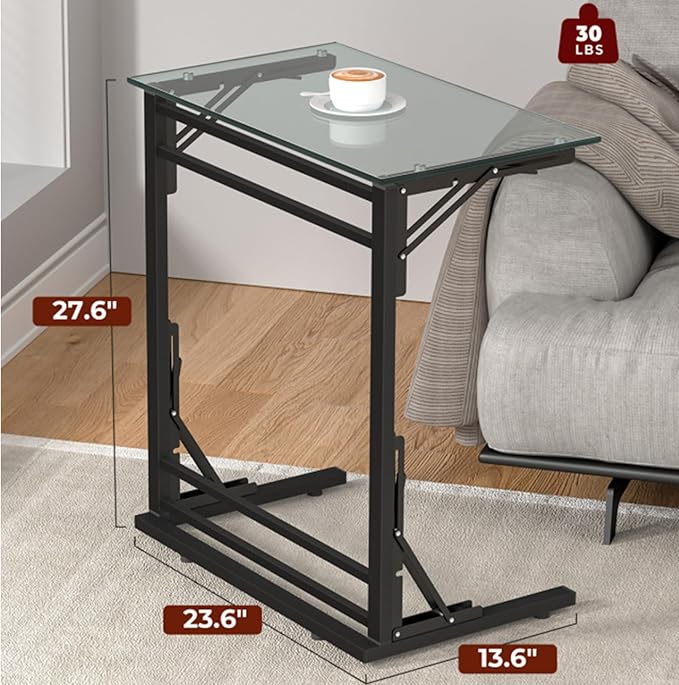 Tatub 24" Folding C Shaped End Table, Small Tempered Glass Side Table - Image 2