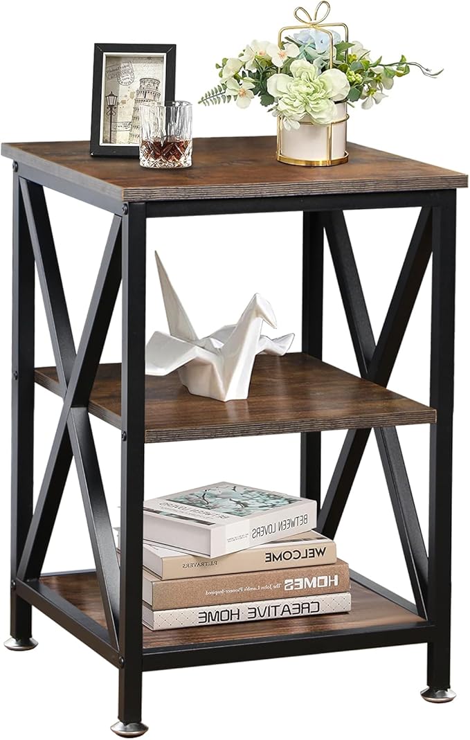 Square End Table with Storage Shelf, 3-Tier End Table Living Room, Rustic Brown by TooCust