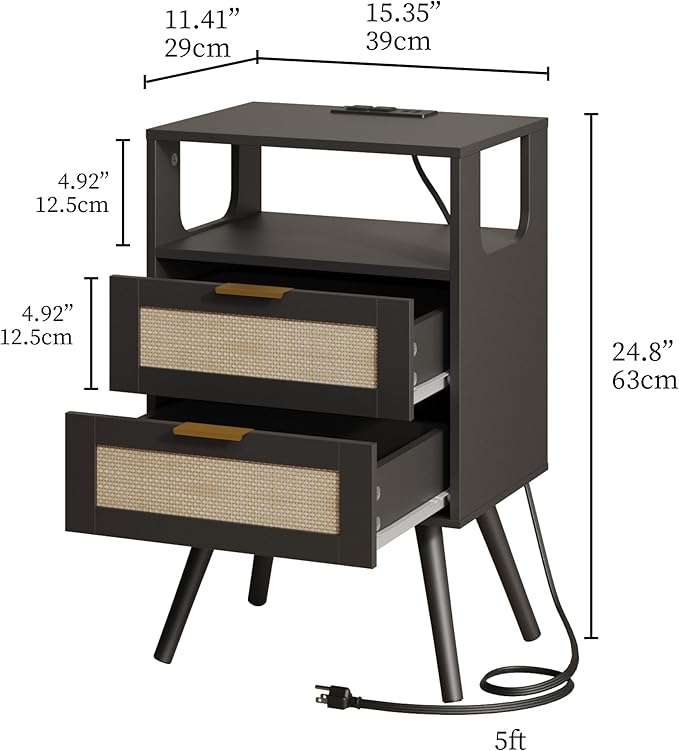 Rattan Nightstand with Charging Station, Farmhouse Bedside Table with 2 Storage - Image 2