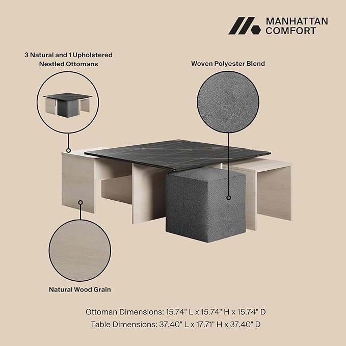 Manhattan Comfort Haley Mid Century Modern Coffee Table & Ottoman Set - Image 3