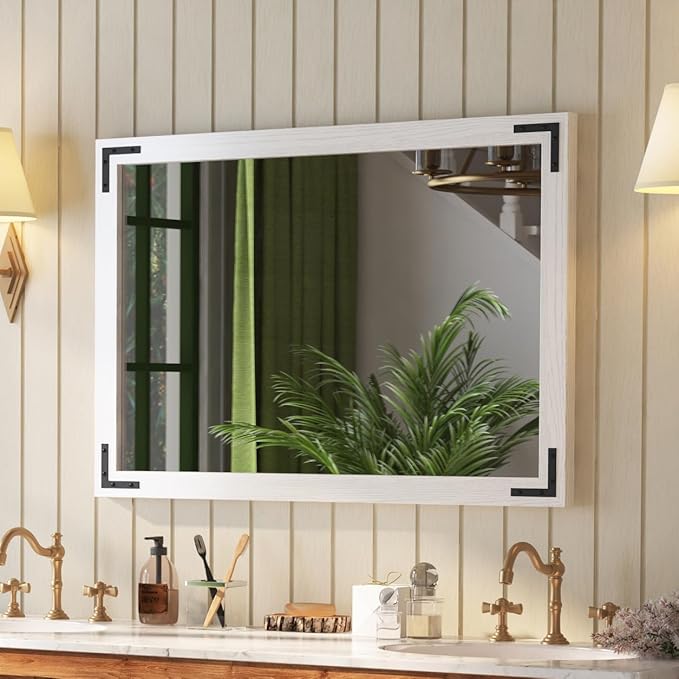 VocalStar White Wood Framed Mirror 28 x 40 Inch, Rustic Natural White Wooden by VOCALSTAR