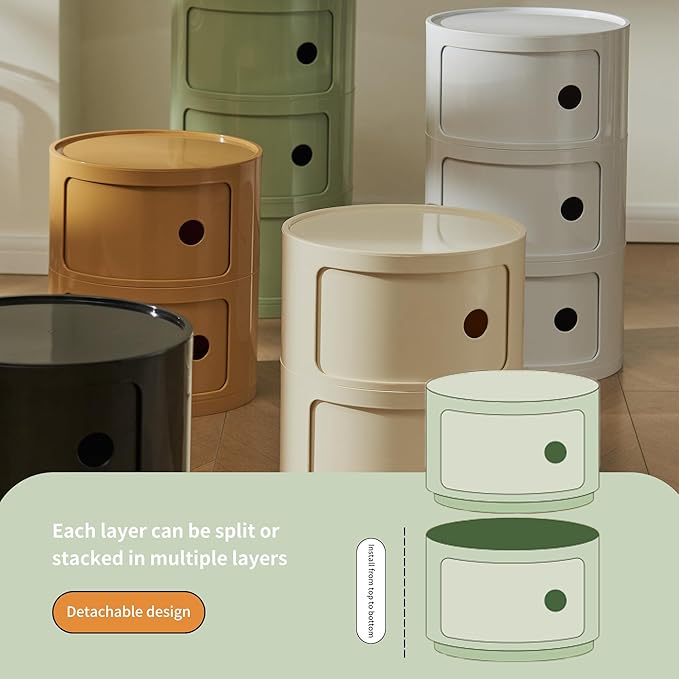 Round Nightstand with 3 Drawers, Modern Style Side Table - Image 5