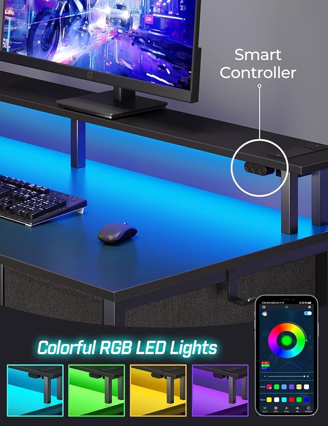 Seventable Computer Desk with Power Outlets & LED Light, 55 inch Home Office - Image 4