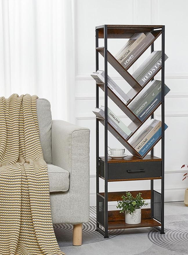 Bookshelf with Drawer, 10 Tier Tree Bookcase Retro Floor Standing Bookshelves - Image 6